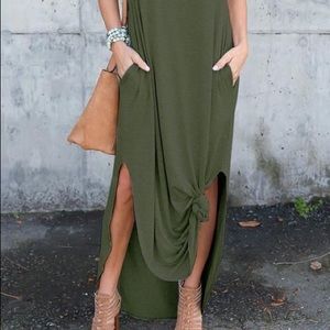 Olive green maxi t shirt dress side slits S NWOT